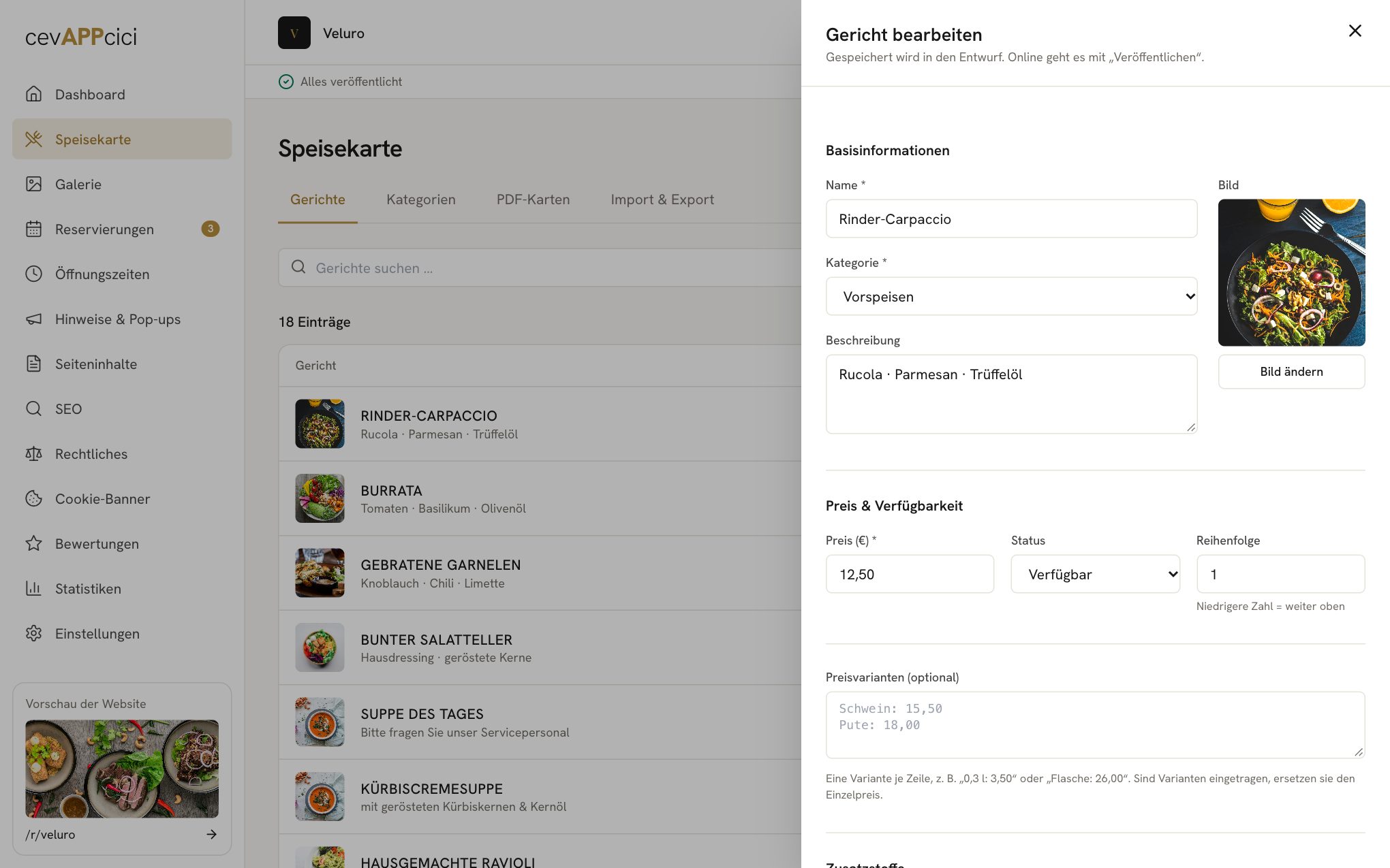 Dashboard: Gericht bearbeiten